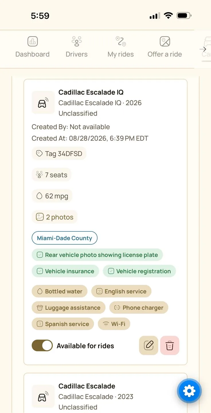 Send vehicle management screen with vehicle details and readiness information